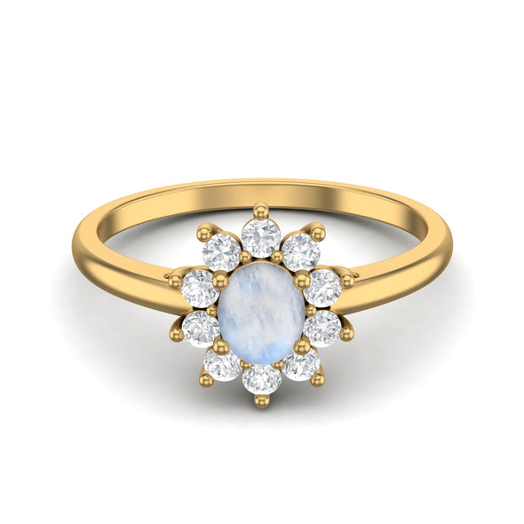 Natural Moonstone Gemstone Halo Wedding Ring Art Deco Solitaire Engagement Ring in 925 Sterling Silver