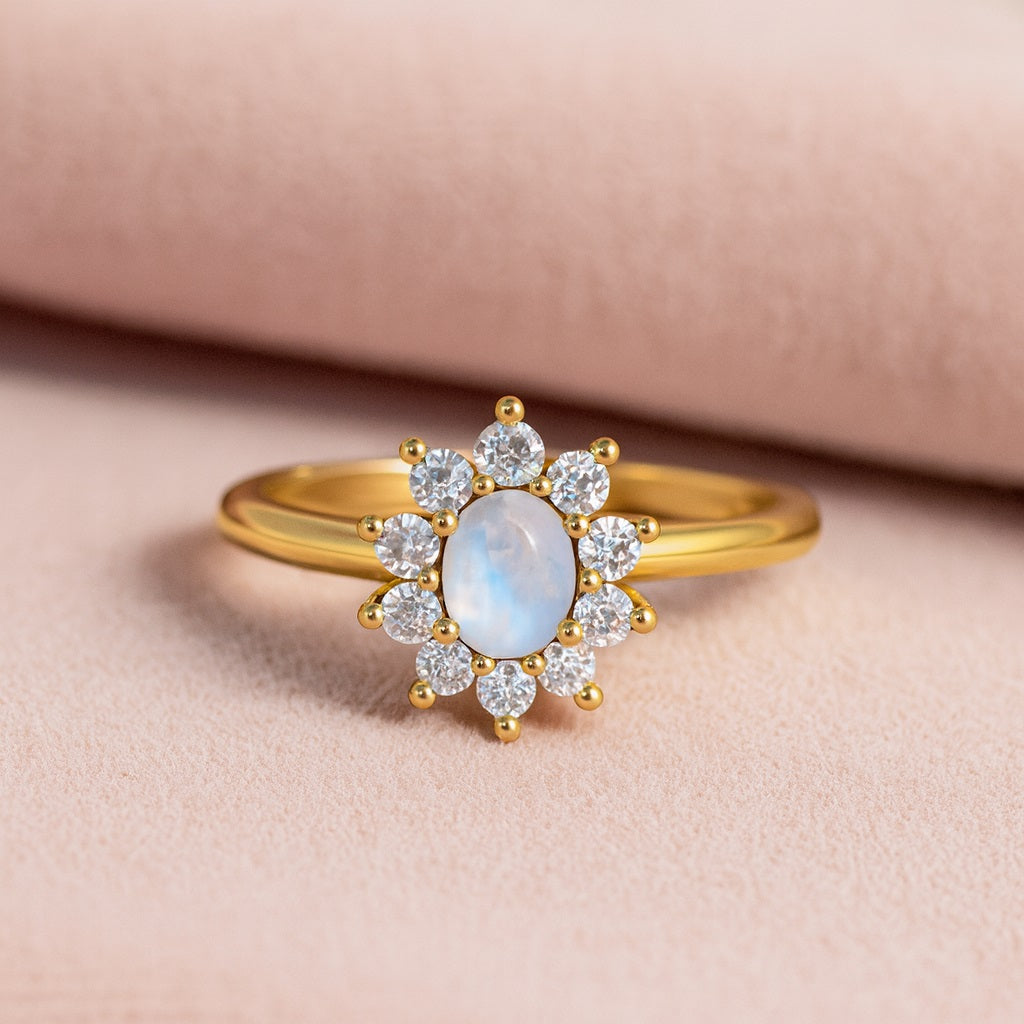 Moonstone Floral Halo Design Ring - Sterling Silver