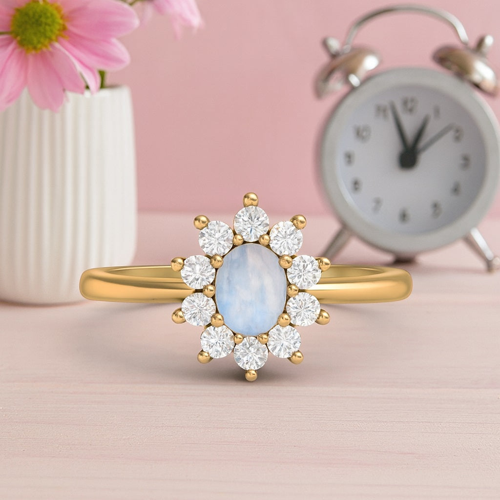 Moonstone Floral Halo Design Ring - Sterling Silver