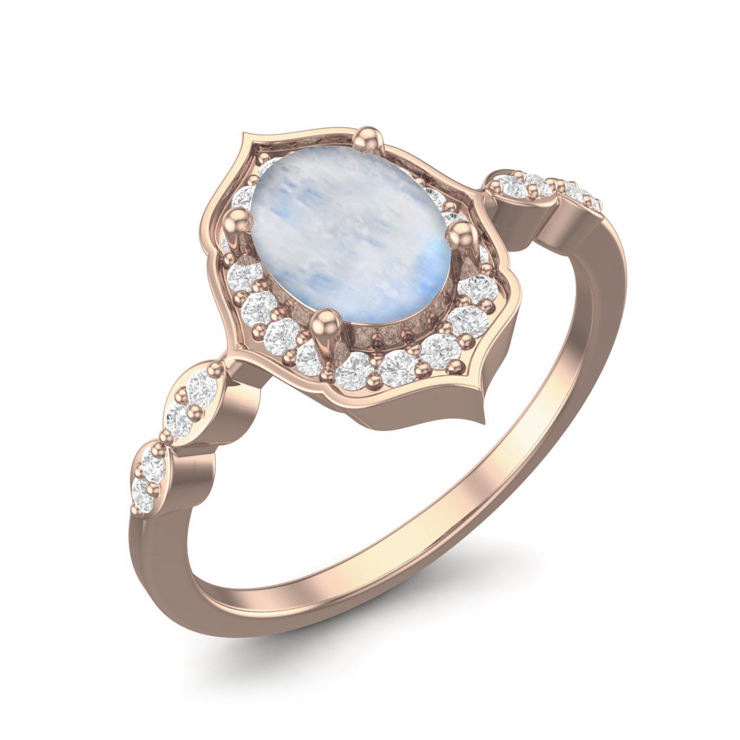 Moonstone Halo Accents Ring  –  Sterling Silver