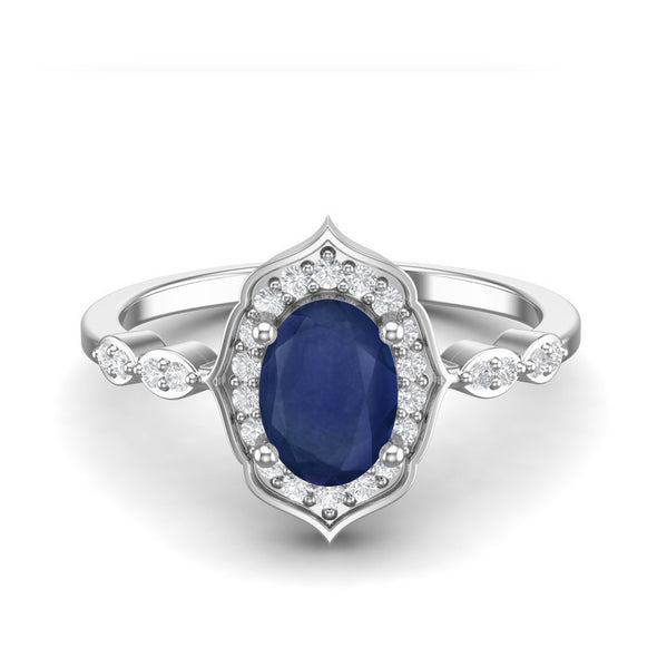 7X5 MM Natural Blue Sapphire Gemstone Halo Dainty Designer Engagement Ring in 925 Sterling Silver