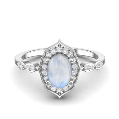 Oval Shaped Moonstone Gemstone Halo Dainty Wedding Ring Designer Engagement Ring in 925 Sterling Silver