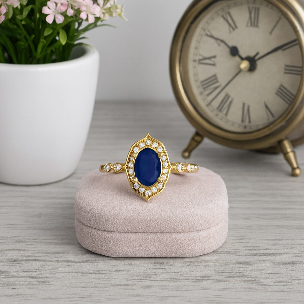 Blue Sapphire 1.0 Ct Oval Vintage Halo Mandala Design Ring - 14k Yellow Gold