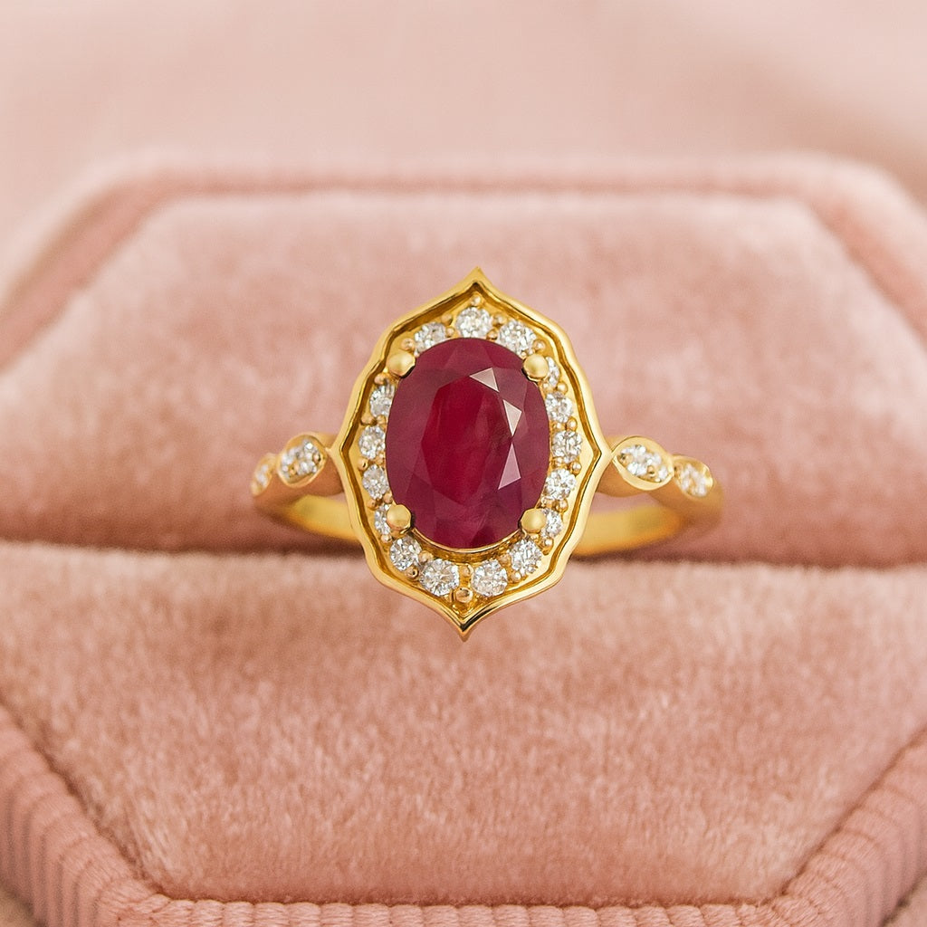 Ruby 1.00 Ct Oval Vintage Halo Ring – 14K Yellow Gold