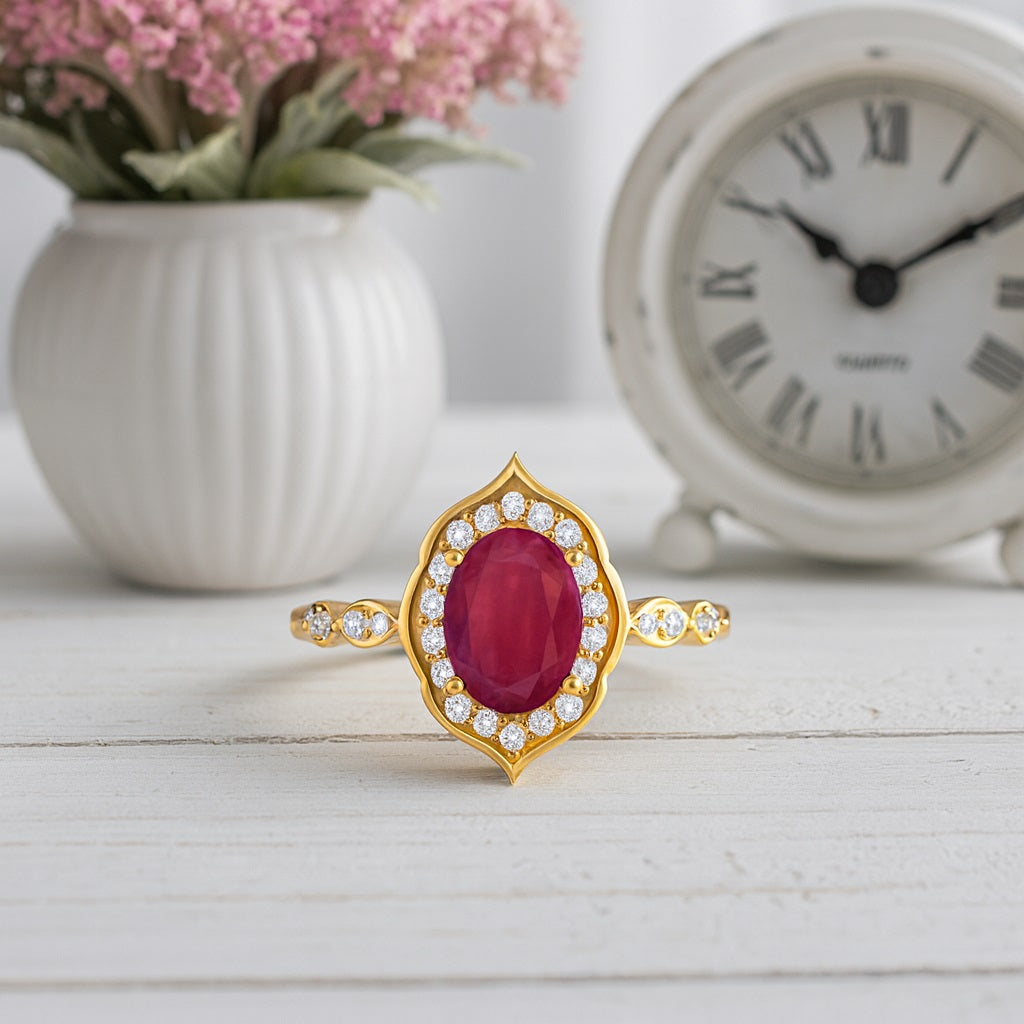 Ruby 1.00 Ct Oval Vintage Halo Ring – 14K Yellow Gold