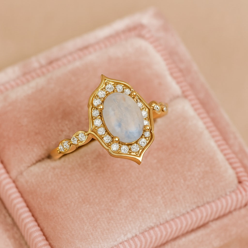 Moonstone Halo Accents Ring  –  Sterling Silver