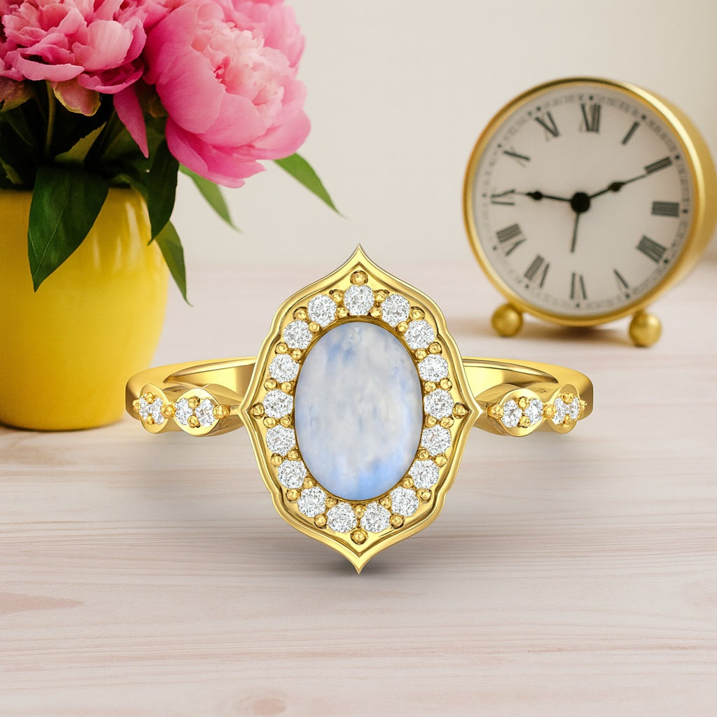 Moonstone Halo Accents Ring  –  Sterling Silver