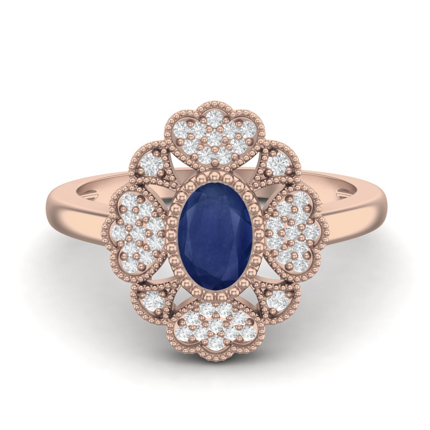 Blue Sapphire Heart Cluster Filigree Ring – Sterling Silver