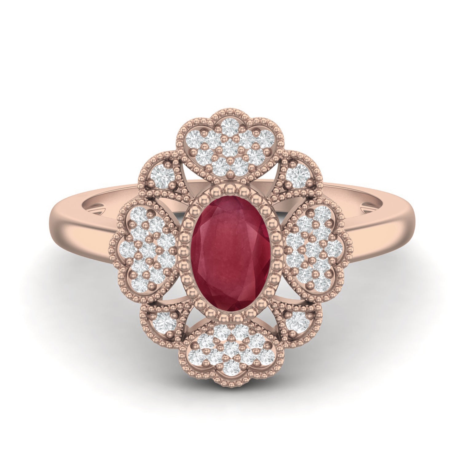 Ruby 0.50 Ct Oval Vintage Floral Halo Ring – 14K Yellow Gold
