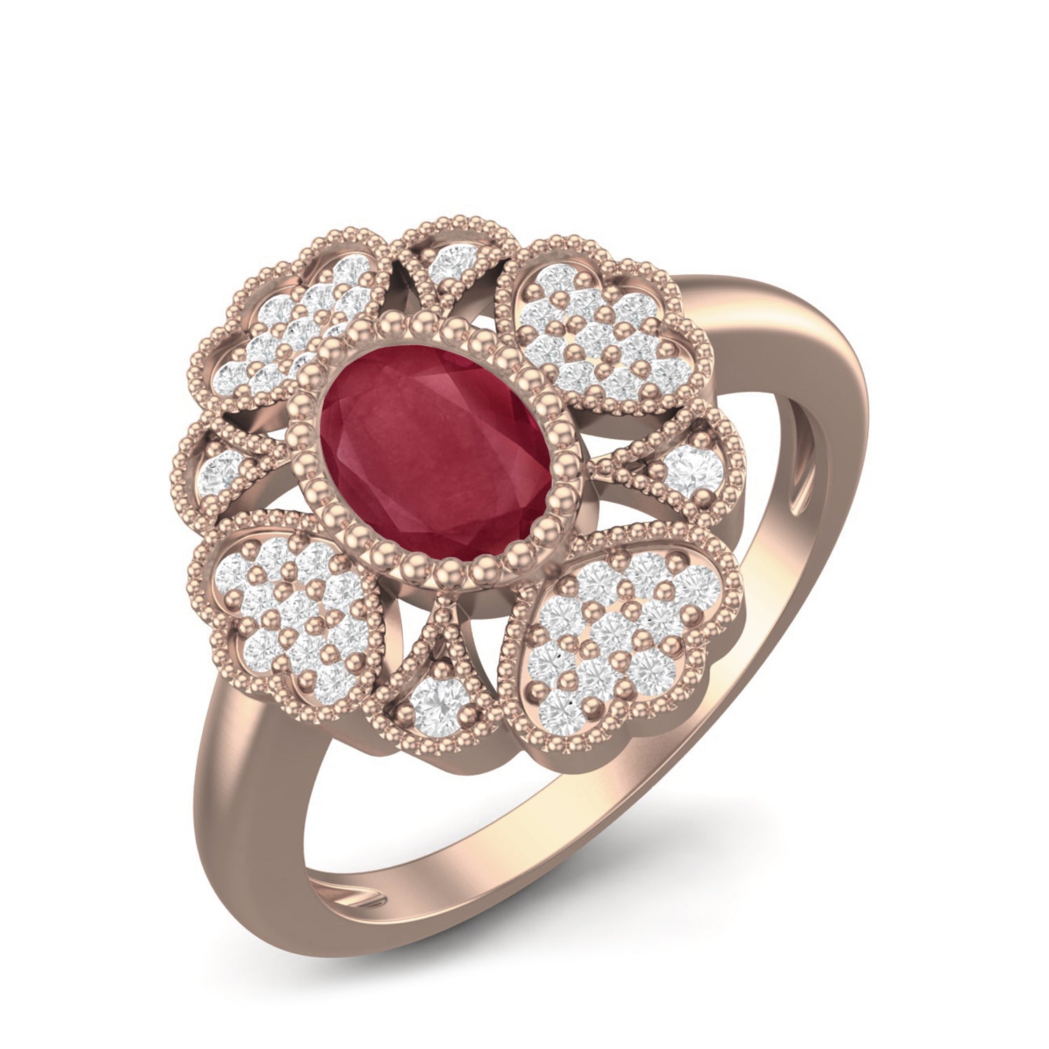 Ruby 0.50 Ct Oval Vintage Floral Halo Ring – 14K Yellow Gold