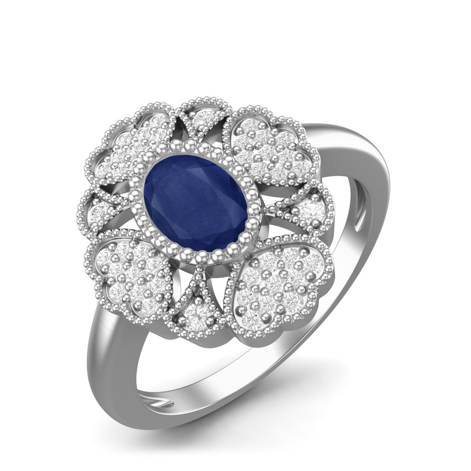 Blue Sapphire Heart Cluster Filigree Ring – Sterling Silver