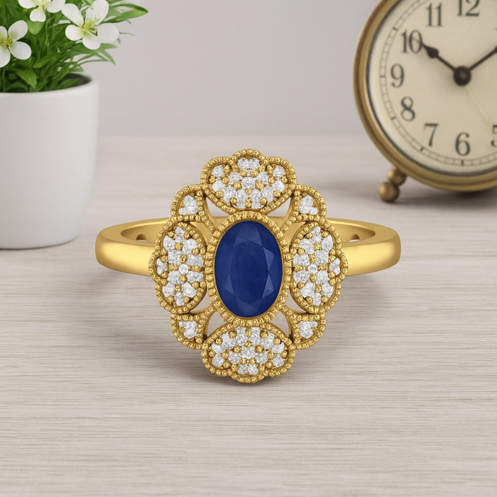 Blue Sapphire 0.50 Ct Oval Vintage Floral Cluster Ring – 14k Yellow Gold