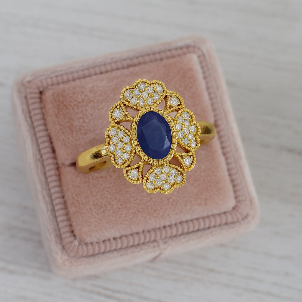 Blue Sapphire 0.50 Ct Oval Vintage Floral Cluster Ring – 14k Yellow Gold