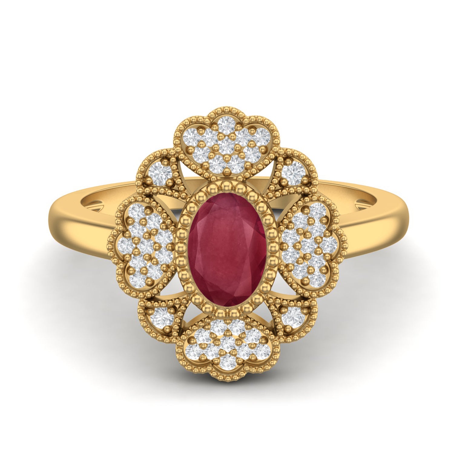 Ruby 0.50 Ct Oval Vintage Floral Halo Ring – 14K Yellow Gold