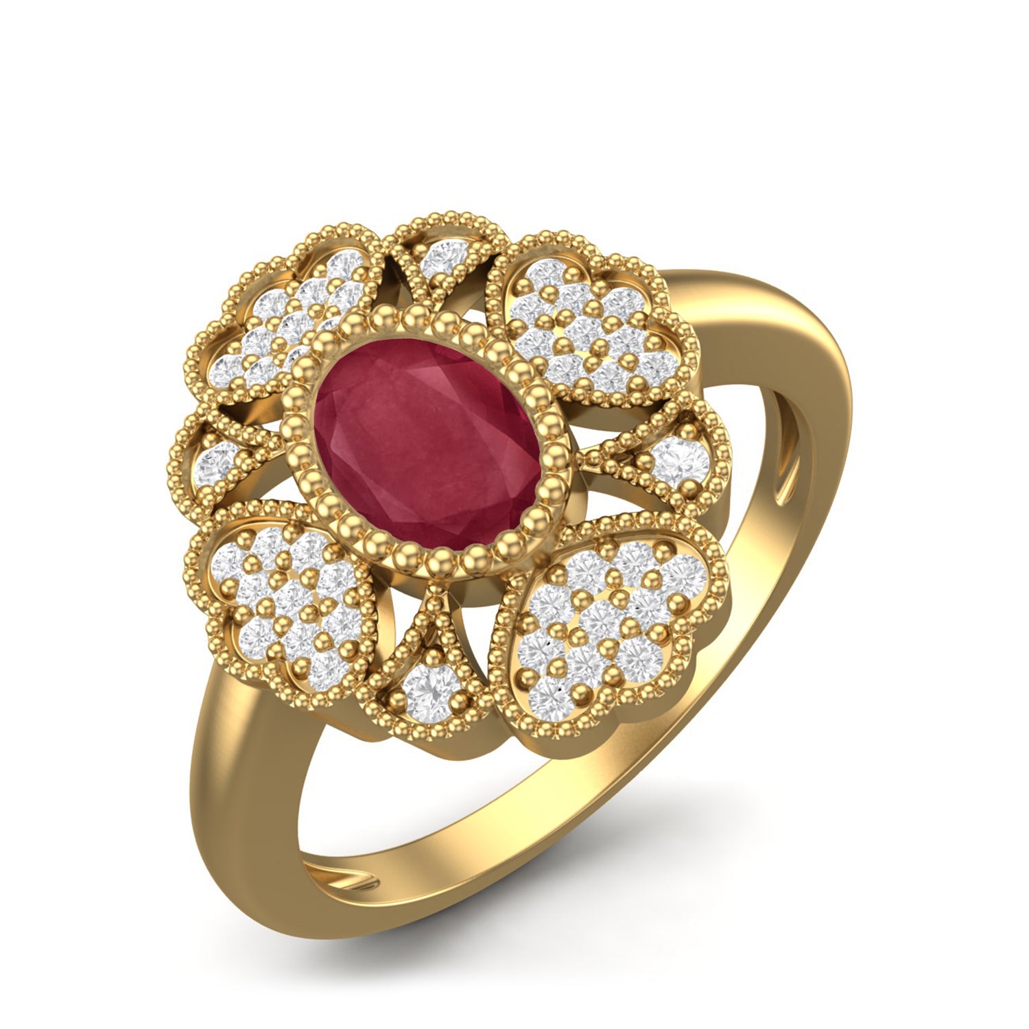 Ruby 0.50 Ct Oval Vintage Floral Halo Ring – 14K Yellow Gold