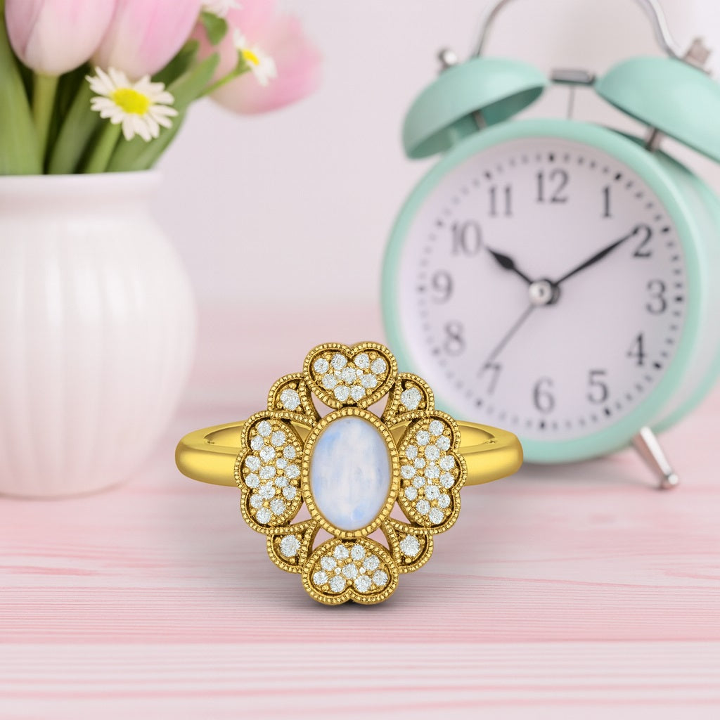 Moonstone Halo Floral Ring – Sterling Silve