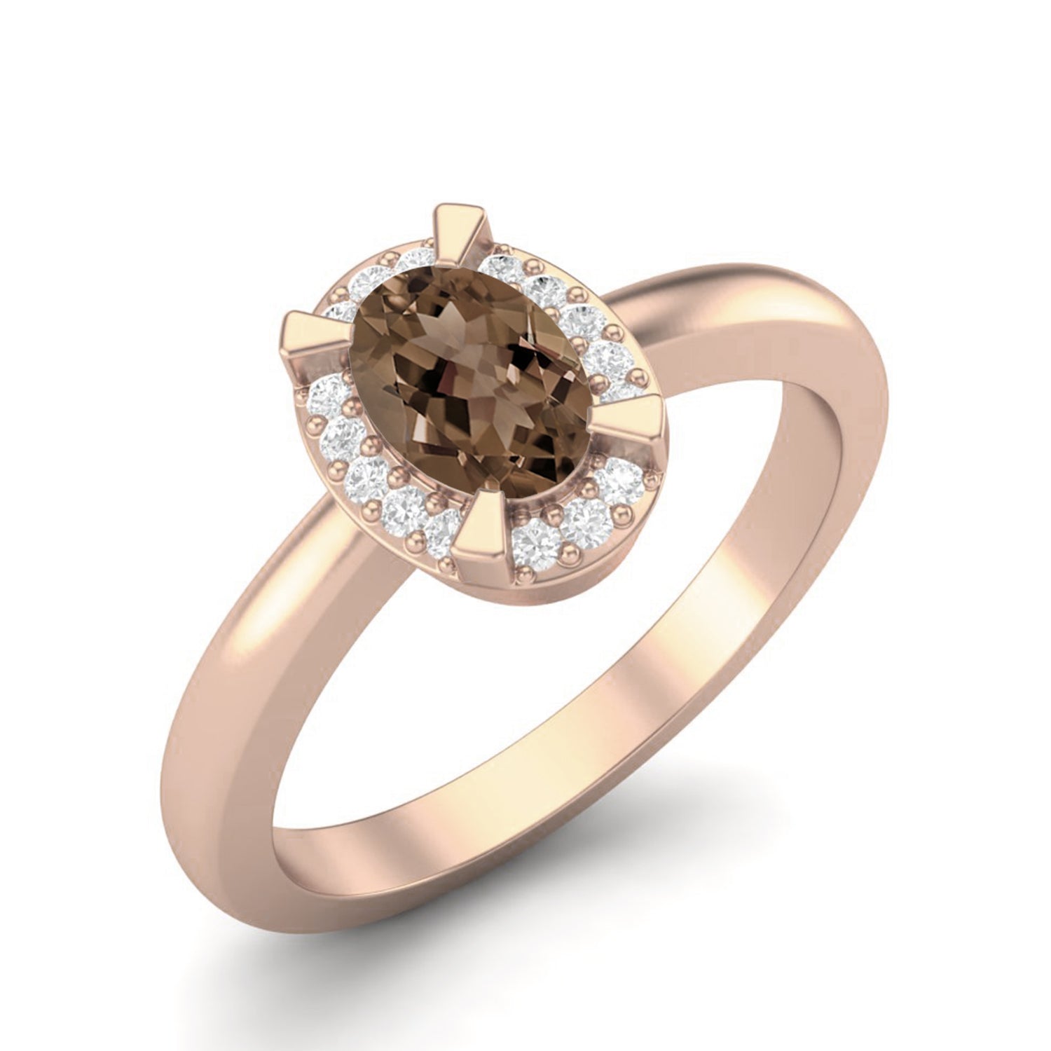 Smoky Quartz 0.50 Ct Oval Halo Classic Ring – 14K Yellow Gold