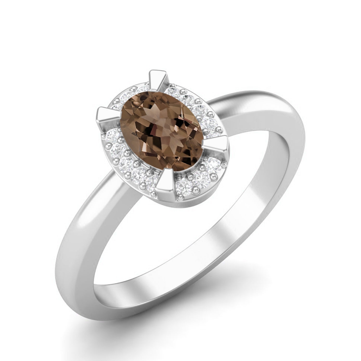 Smoky Quartz 0.50 Ct Oval Halo Classic Ring – 14K Yellow Gold