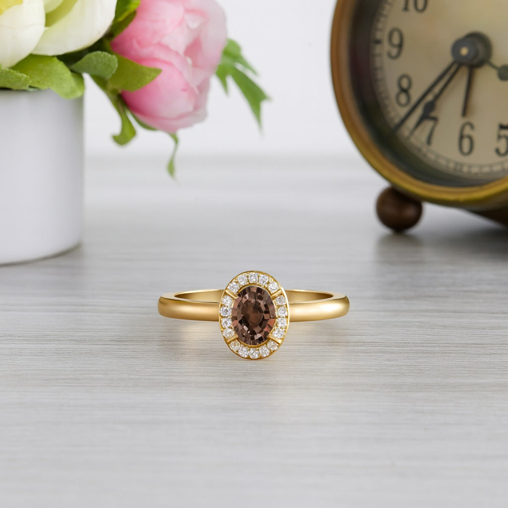 Smoky Quartz 0.50 Ct Oval Halo Classic Ring – 14K Yellow Gold