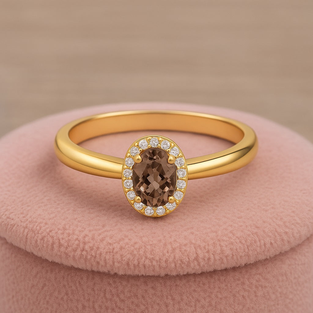 Smoky Quartz 0.50 Ct Oval Halo Classic Ring – 14K Yellow Gold