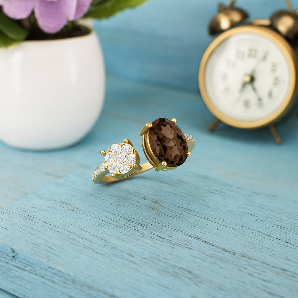Smoky Quartz 1.00 Ct Oval Two-Stone Modern Duo Ring – 14K Yellow Gold