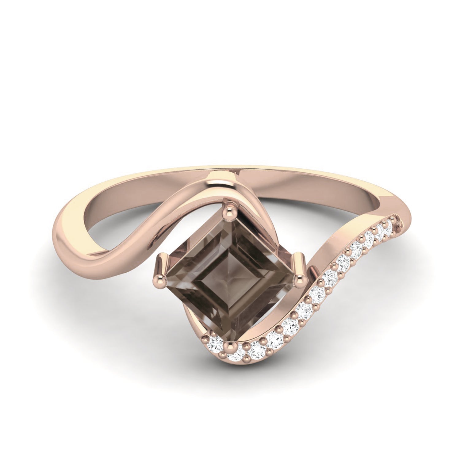 Smoky Quartz 0.75 Ct Square Accent Modern Wave Ring – 14K Yellow Gold
