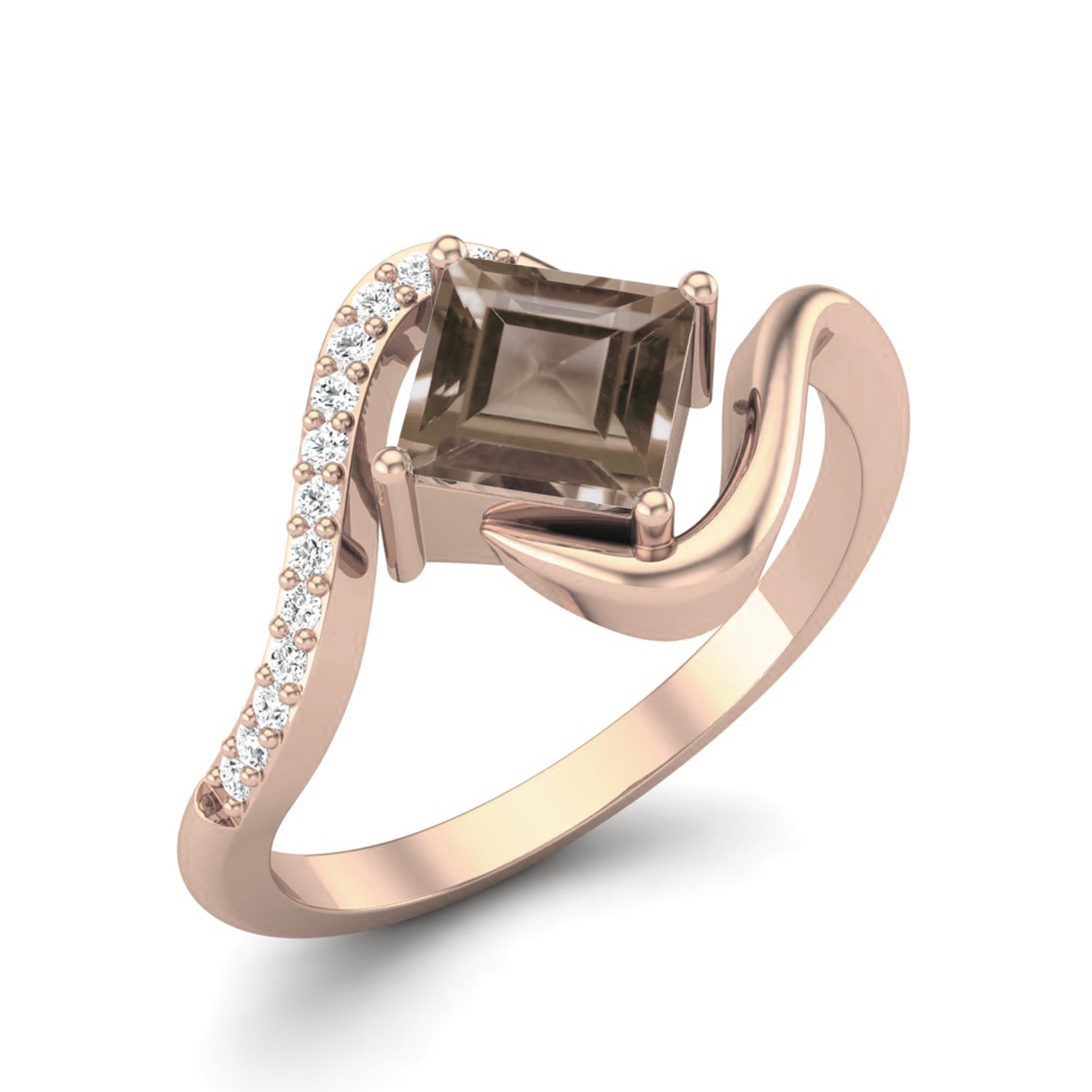 Smoky Quartz 0.75 Ct Square Accent Modern Wave Ring – 14K Yellow Gold