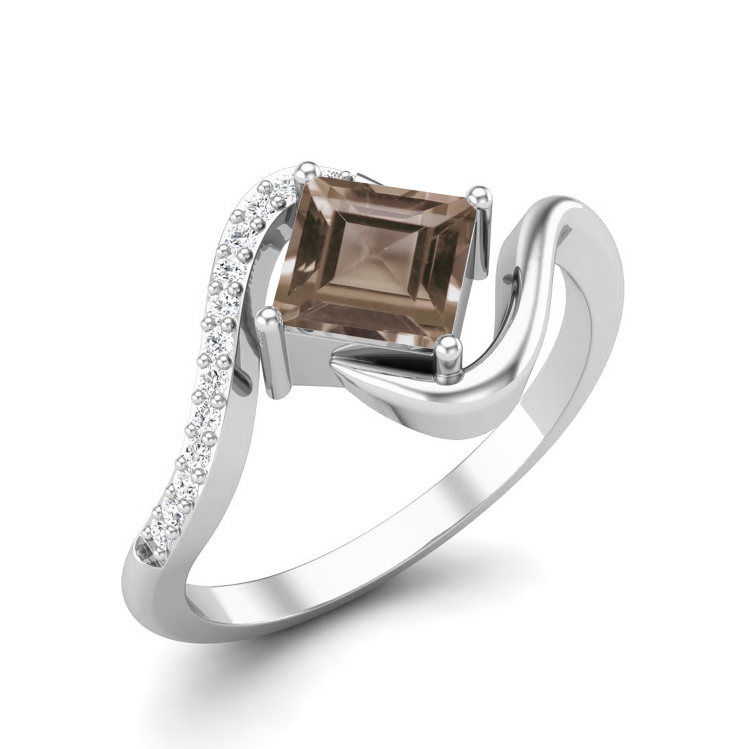 Smoky Quartz 0.75 Ct Square Accent Modern Wave Ring – 14K Yellow Gold