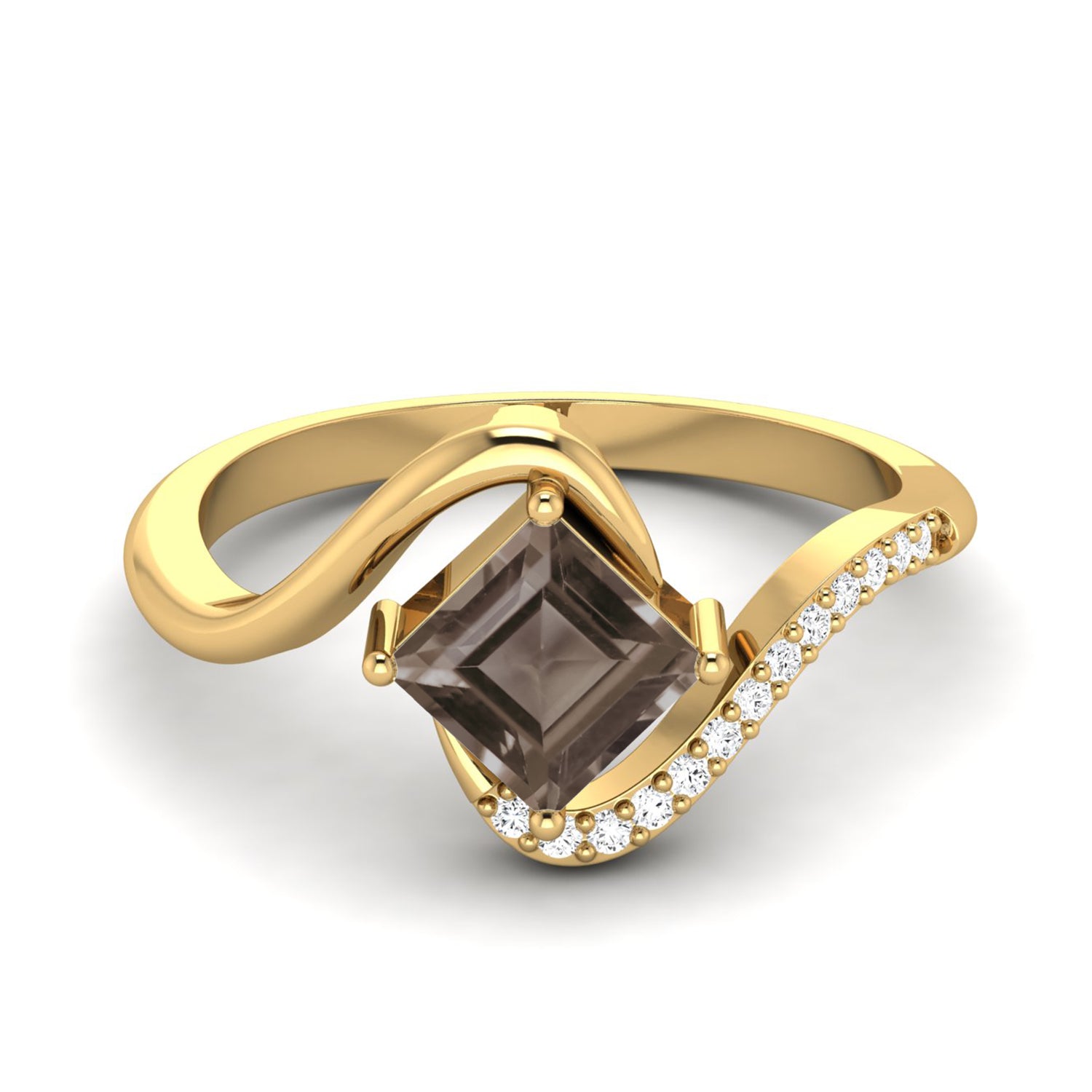Smoky Quartz 0.75 Ct Square Accent Modern Wave Ring – 14K Yellow Gold