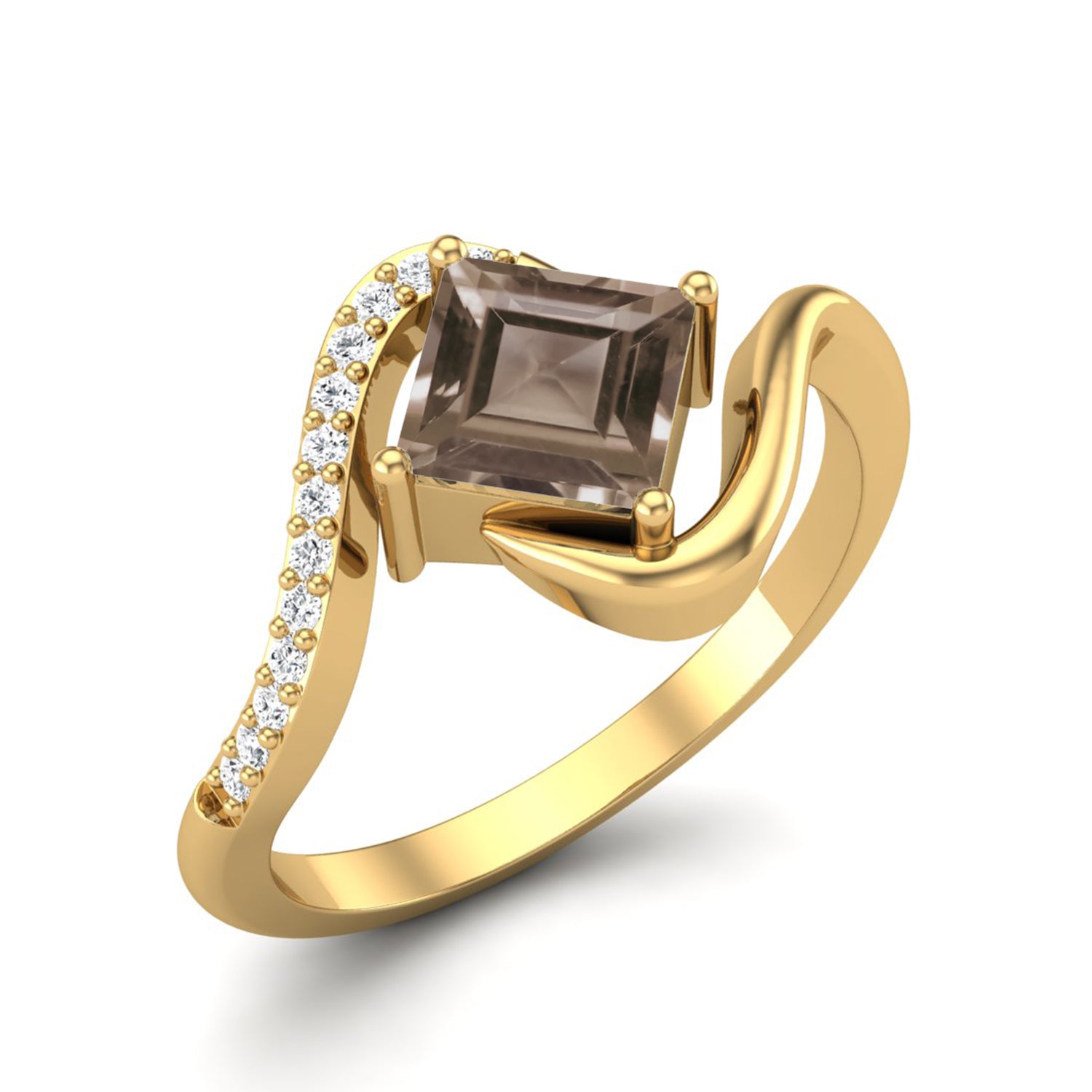 Smoky Quartz 0.75 Ct Square Accent Modern Wave Ring – 14K Yellow Gold