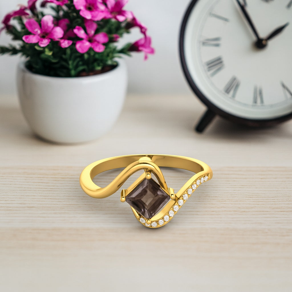 Smoky Quartz 0.75 Ct Square Accent Modern Wave Ring – 14K Yellow Gold