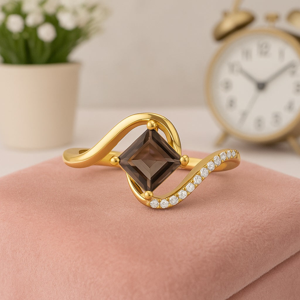 Smoky Quartz 0.75 Ct Square Accent Modern Wave Ring – 14K Yellow Gold
