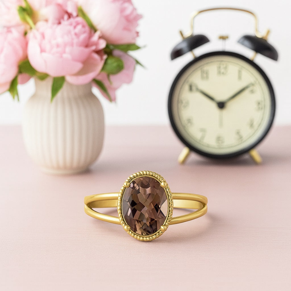 Smoky Quartz 2.50 Ct Oval Vintage Rope Frame Ring – 14K Yellow Gold