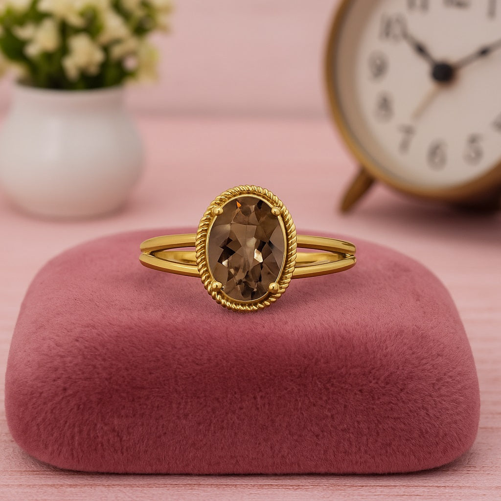 Smoky Quartz 2.50 Ct Oval Vintage Rope Frame Ring – 14K Yellow Gold