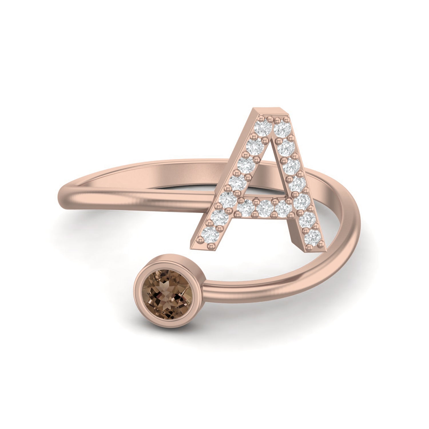 Smoky Quartz 0.10 Ct Round Personalized Initial "A" Ring – 14K Yellow Gold