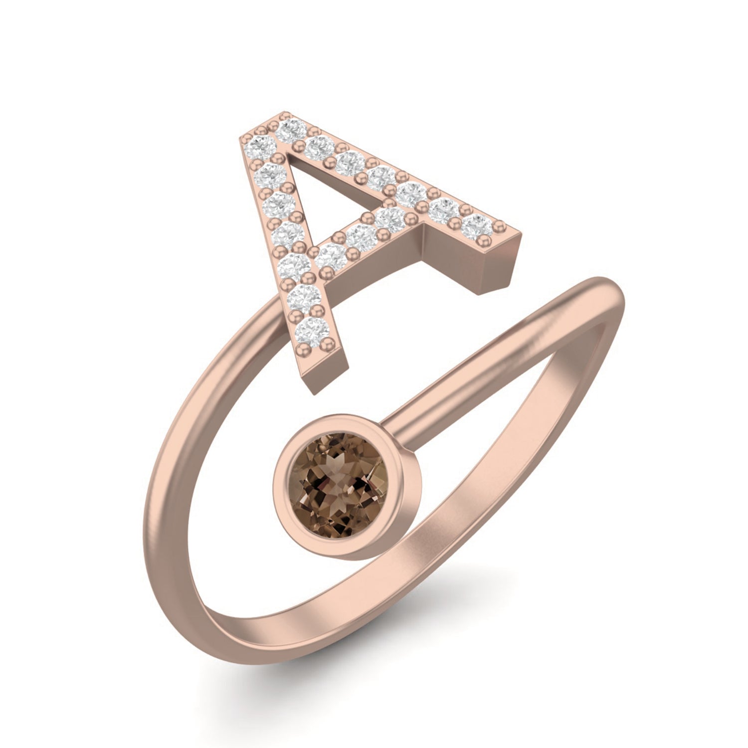 Smoky Quartz 0.10 Ct Round Personalized Initial "A" Ring – 14K Yellow Gold