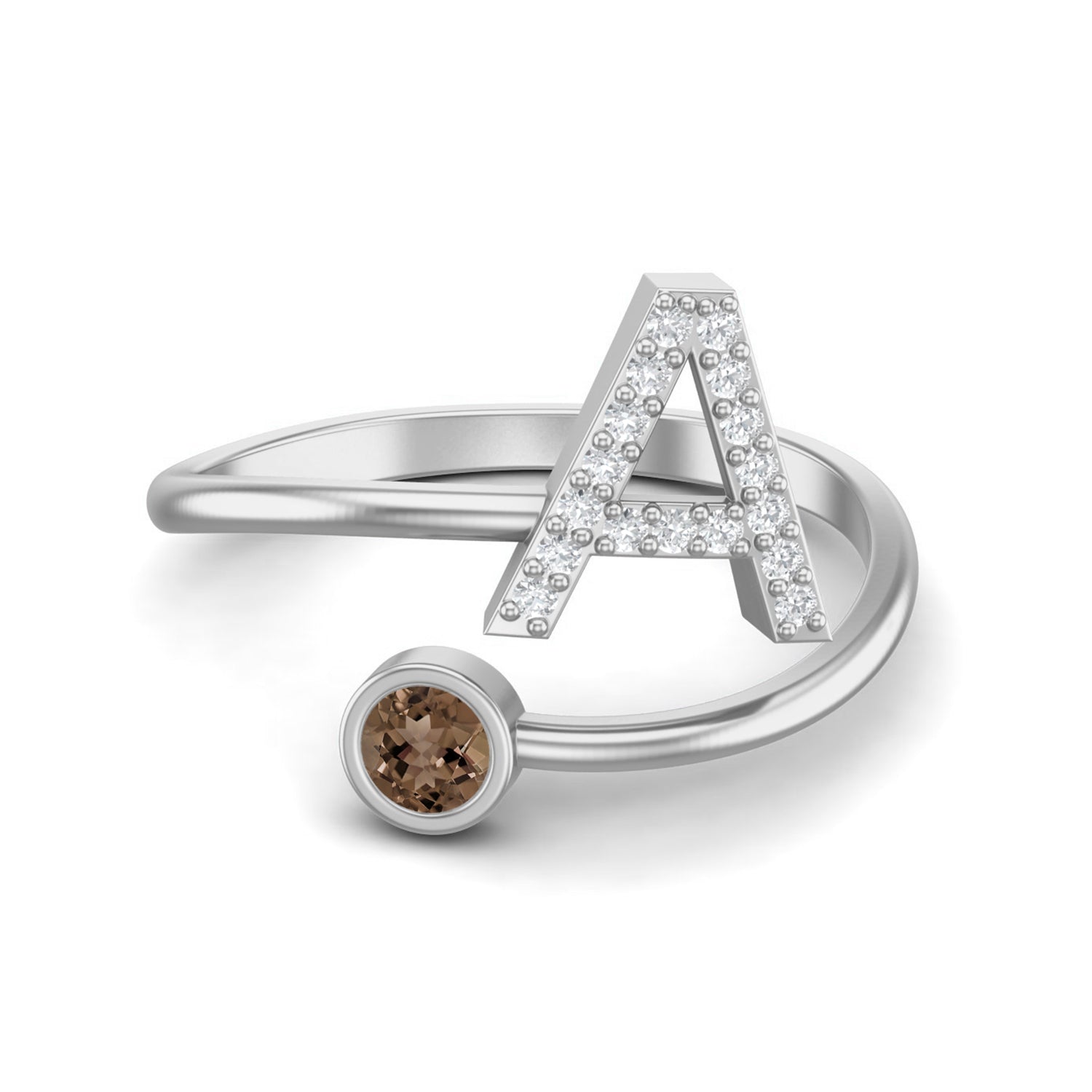Smoky Quartz 0.10 Ct Round Personalized Initial "A" Ring – 14K Yellow Gold