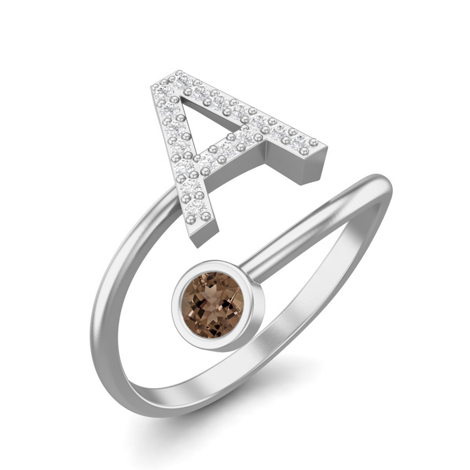 Smoky Quartz 0.10 Ct Round Personalized Initial "A" Ring – 14K Yellow Gold