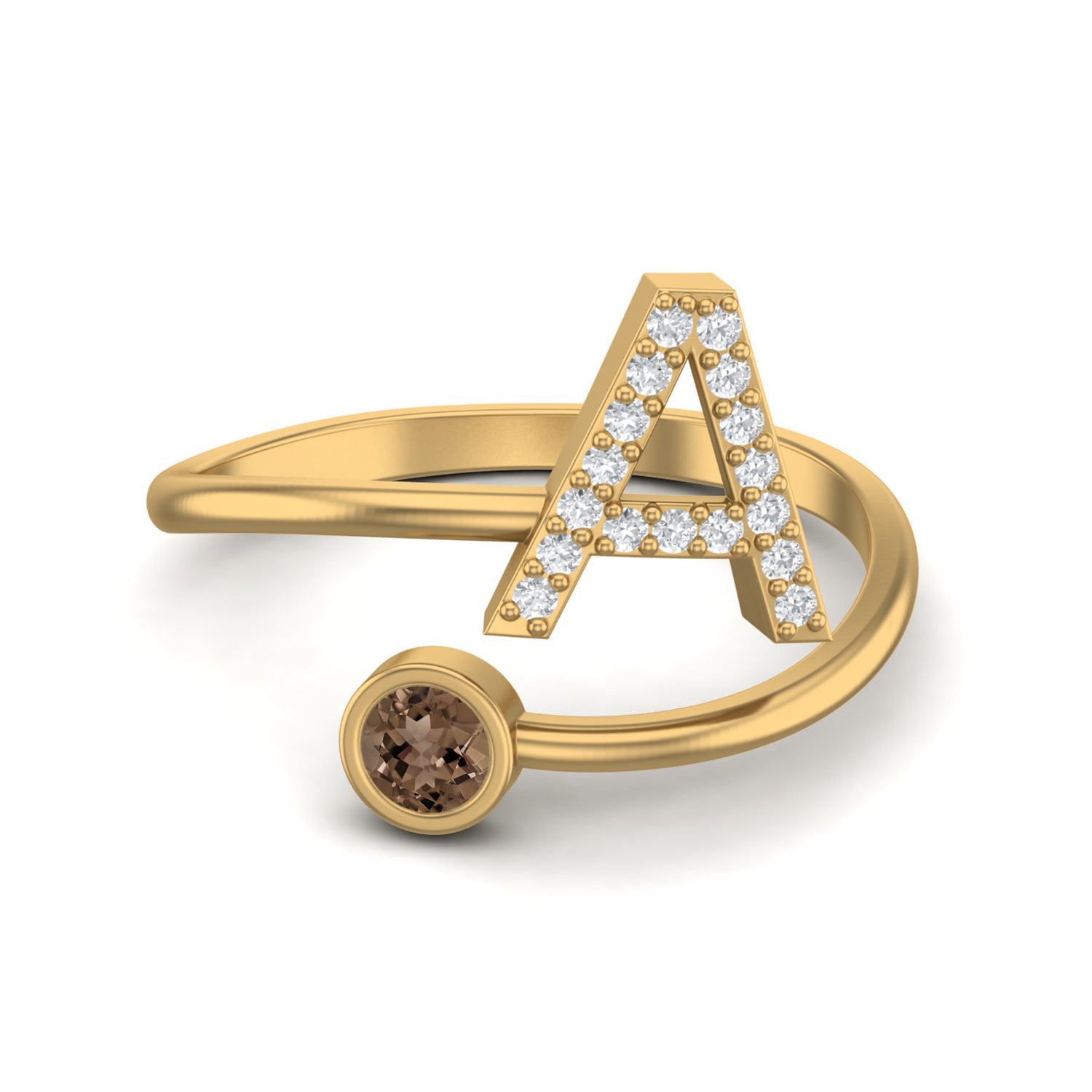 Smoky Quartz 0.10 Ct Round Personalized Initial "A" Ring – 14K Yellow Gold