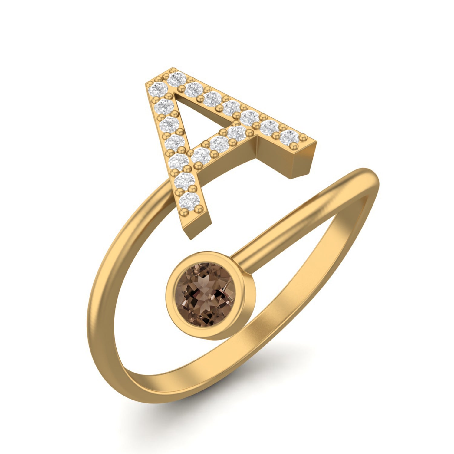 Smoky Quartz 0.10 Ct Round Personalized Initial "A" Ring – 14K Yellow Gold