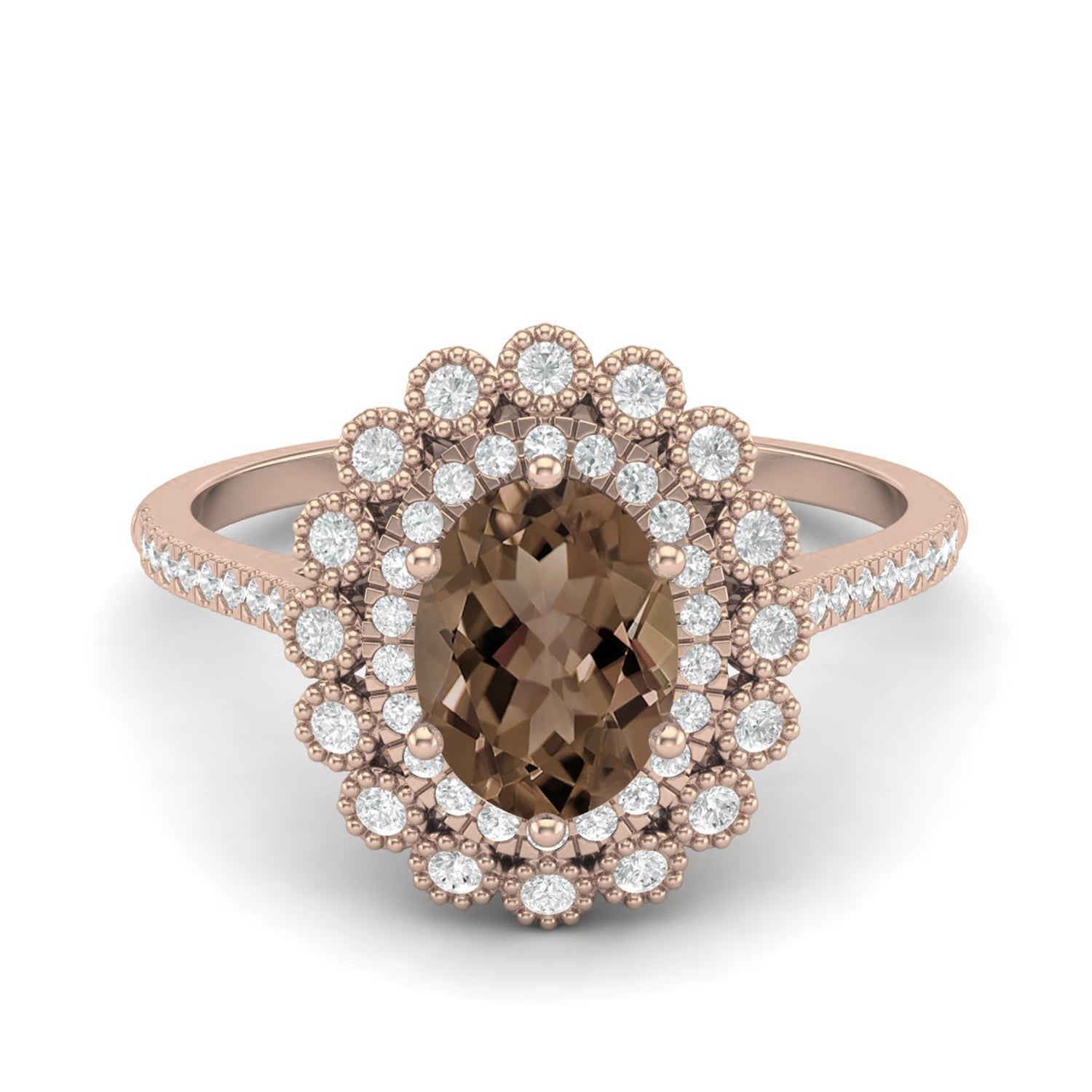 Smoky Quartz 1.50 Ct Oval Double Halo Ring – 14K Yellow Gold