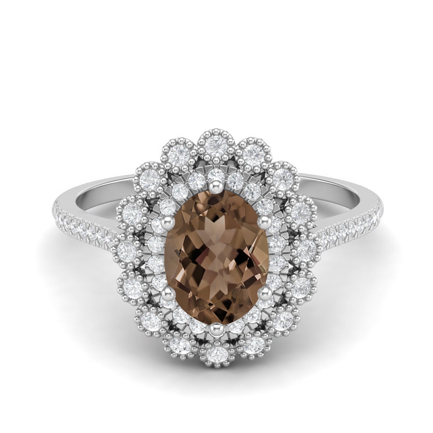 Smoky Quartz 1.50 Ct Oval Double Halo Ring – 14K Yellow Gold