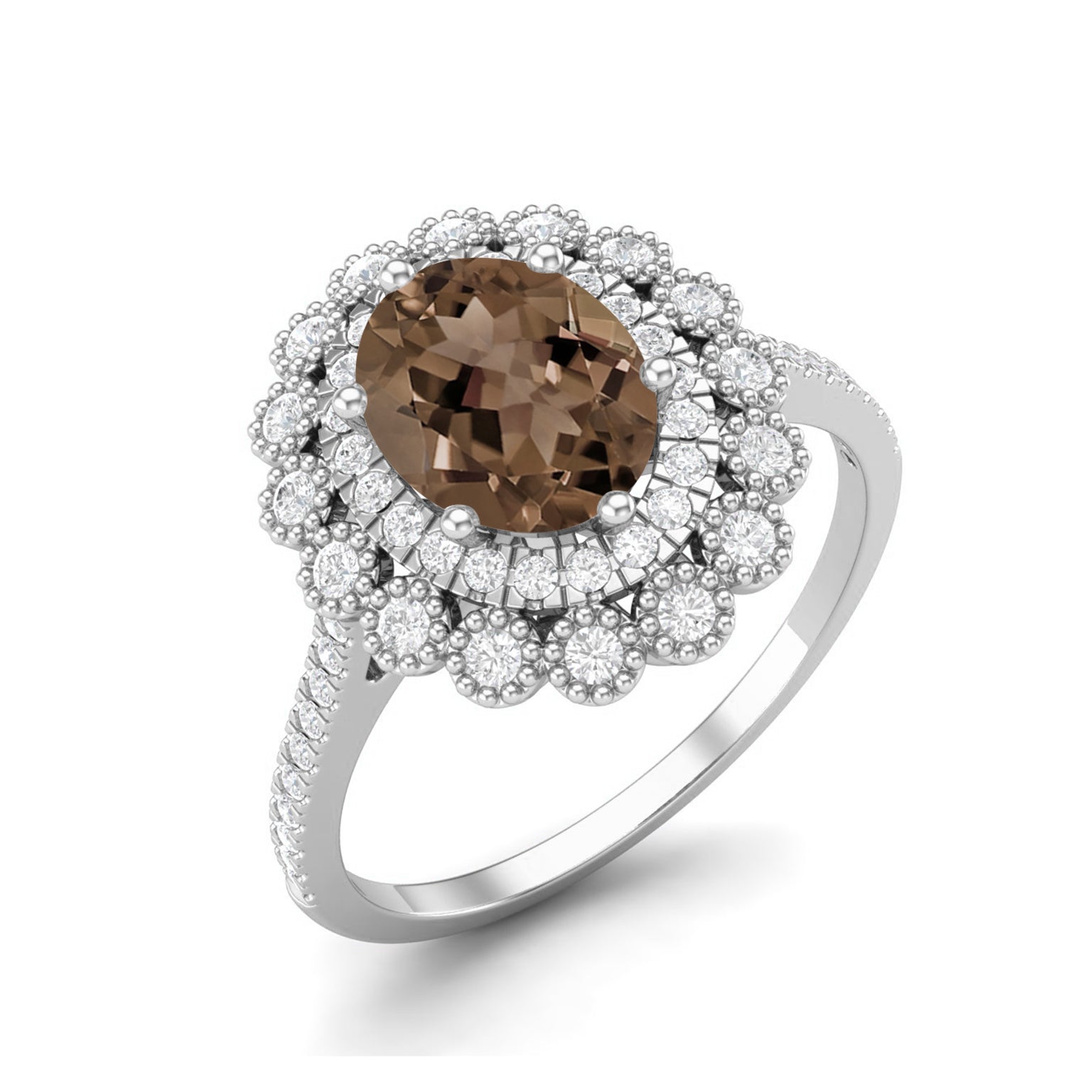 Smoky Quartz 1.50 Ct Oval Double Halo Ring – 14K Yellow Gold