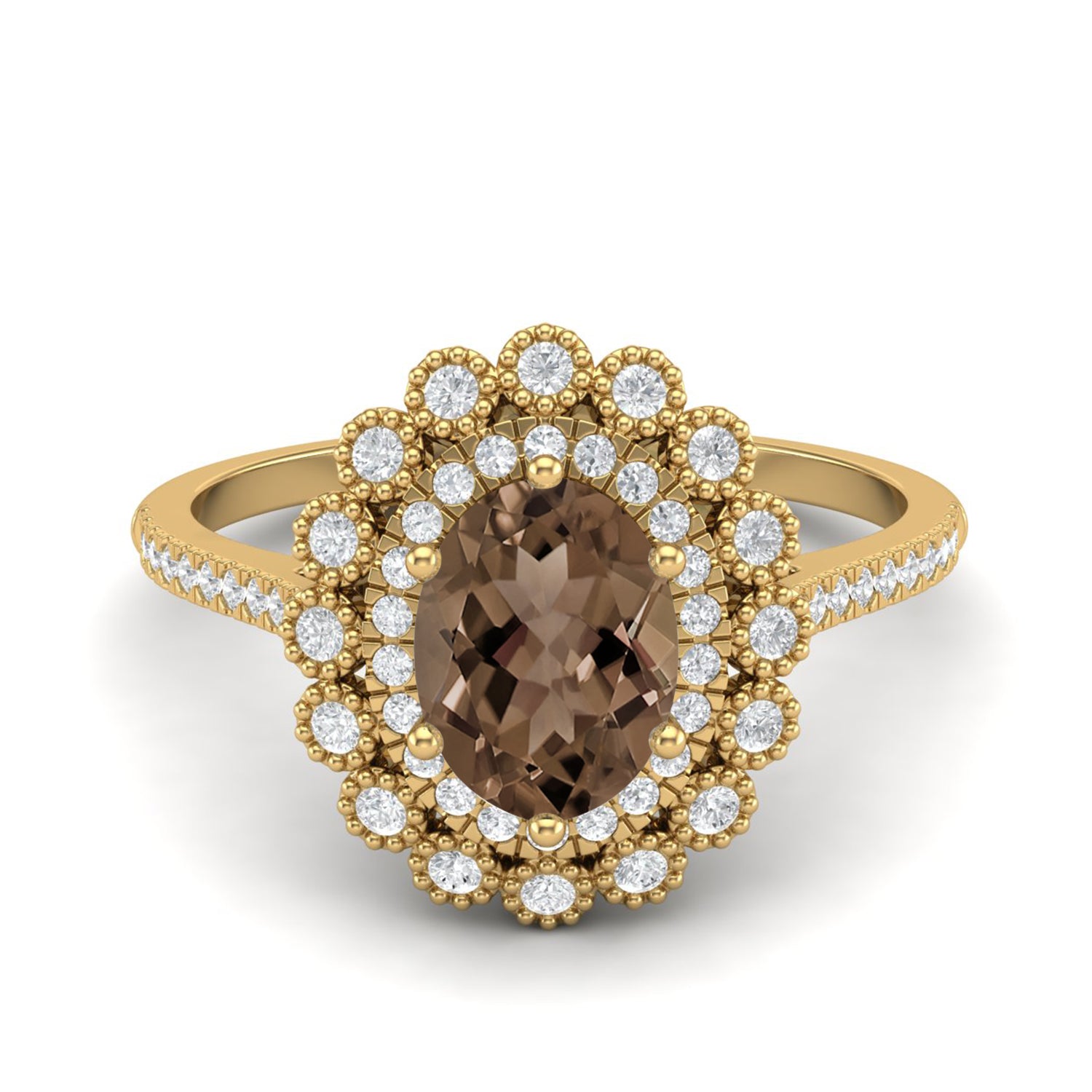 Smoky Quartz 1.50 Ct Oval Double Halo Ring – 14K Yellow Gold