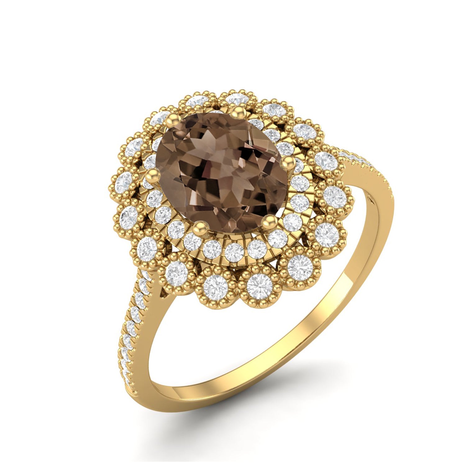Smoky Quartz 1.50 Ct Oval Double Halo Ring – 14K Yellow Gold