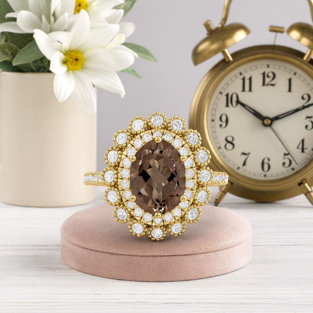 Smoky Quartz 1.50 Ct Oval Double Halo Ring – 14K Yellow Gold