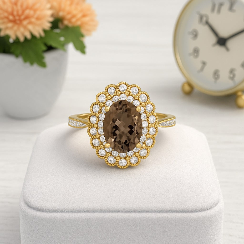 Smoky Quartz 1.50 Ct Oval Double Halo Ring – 14K Yellow Gold