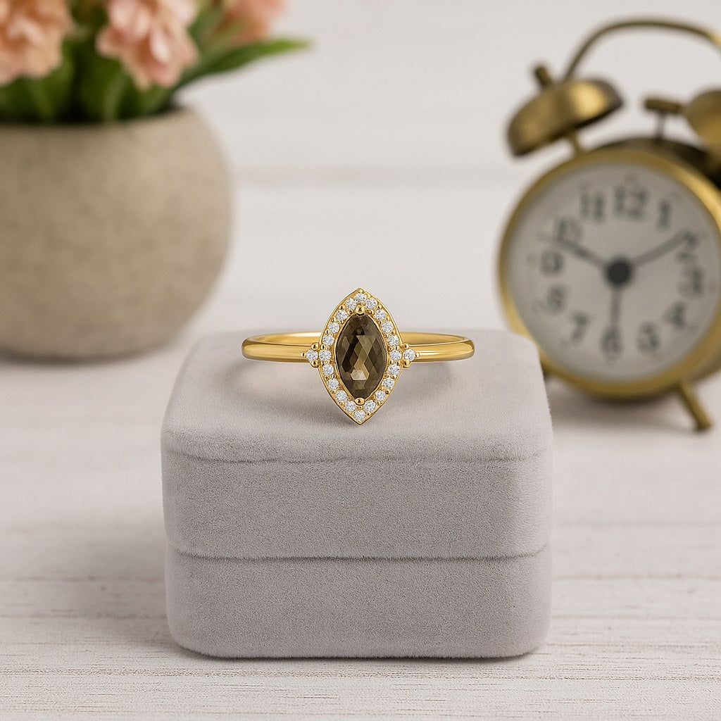 Smoky Quartz 0.20 Ct Marquise Petite Elegant Halo Ring – 14K Yellow Gold