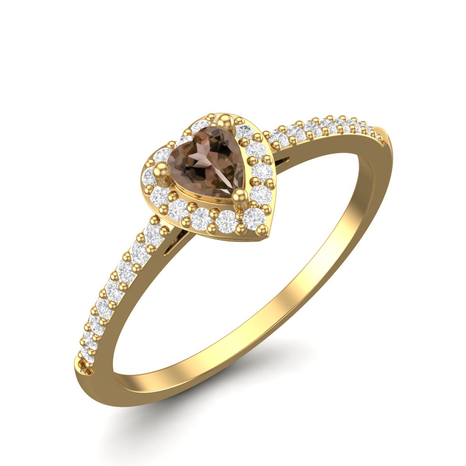 Smoky Quartz 0.16 Ct Heart Shape Promise Halo Ring – 14K Yellow Gold