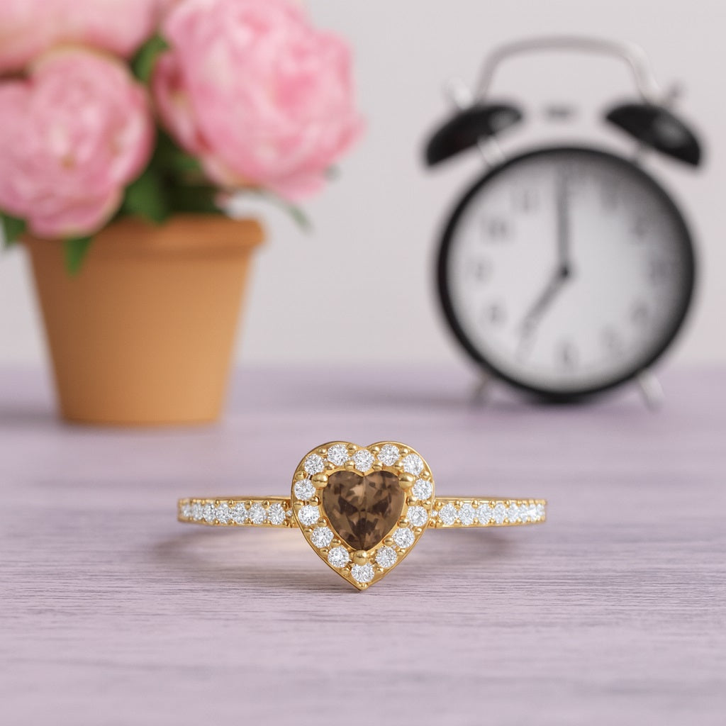 Smoky Quartz 0.16 Ct Heart Shape Promise Halo Ring – 14K Yellow Gold